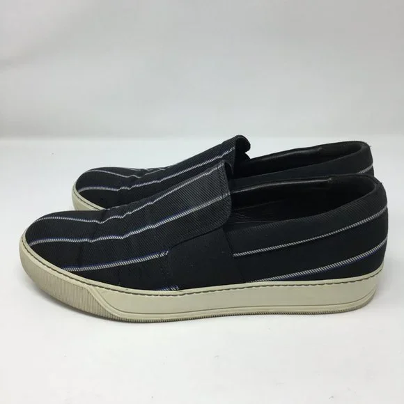 LANVIN Mens 8 Authentic Canvas Slip On Black and White Stripe Leather Interior - Picture 3 of 10